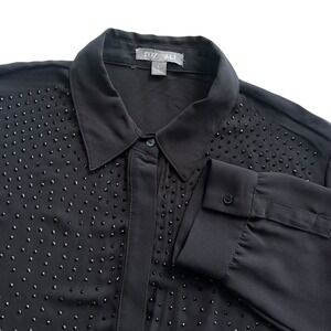 Roz & Ali Women's L Black Embellished Bling Long Sleeve Button Down Shirt Blouse